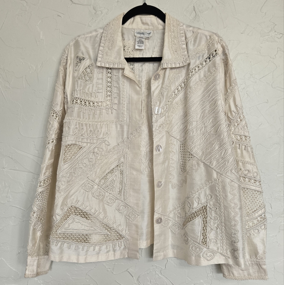 Vintage Silk Embroidered Lattice Cream Jacket, L - Picture 2 of 13